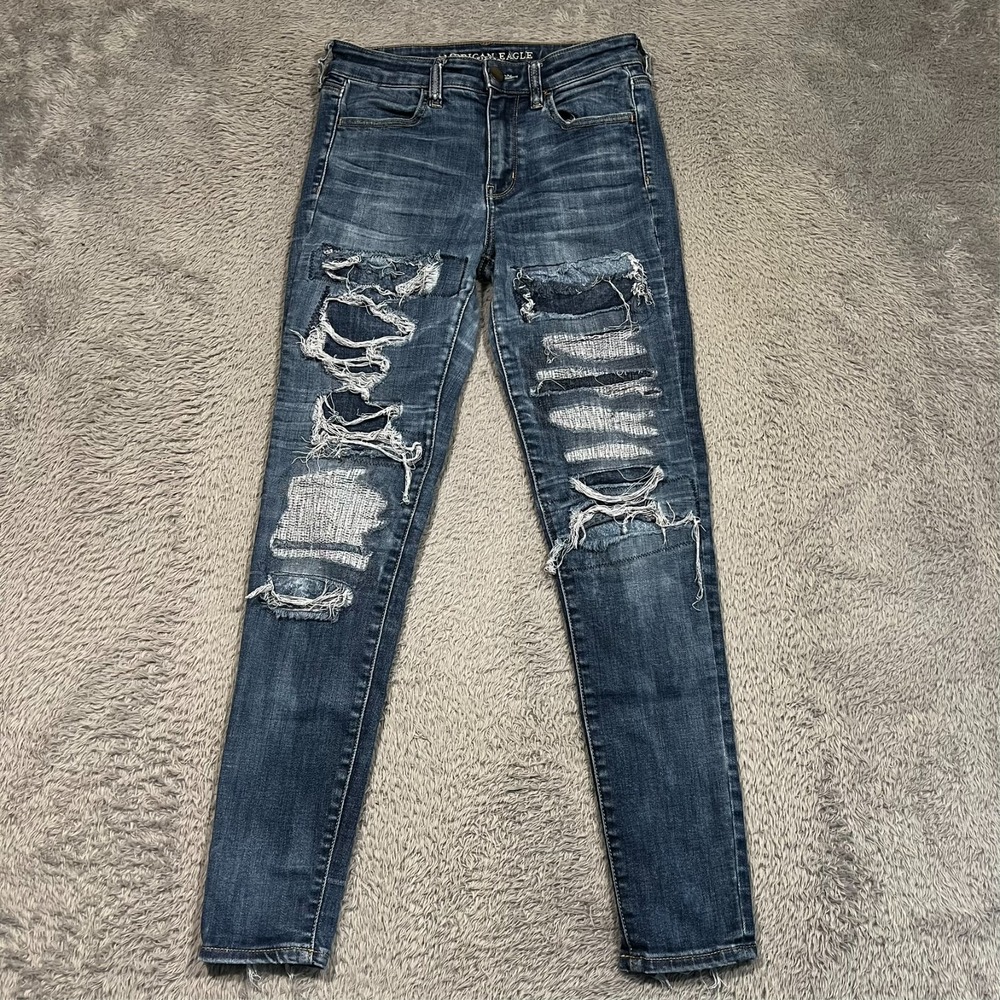 American Eagle Jeans Destroyed Ripped Blue Denim Super Stretch Women's 4 28x29‎